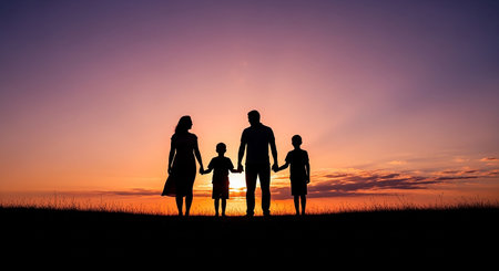 Silhouette of happy family on sunset background. Concept of friendly family.の素材