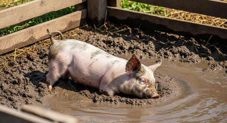 Piglet on a pig farm. Piglet in the mudの素材