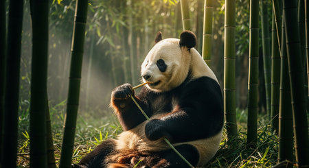 Giant panda eating bamboo in bamboo forest, Chengdu, Chinaの素材