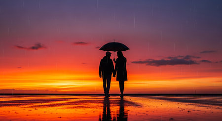 Silhouette of a loving couple under an umbrella at sunset.の素材