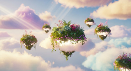 Fantasy landscape with flowers floating in the sky. 3d illustrationの素材