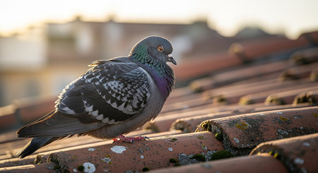 Pigeon on the roof of the house in the rays of the setting sunの素材