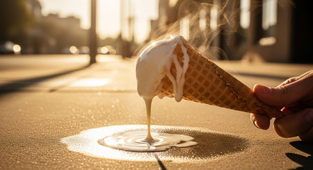 Ice cream in a waffle cone on the street in the eveningの素材