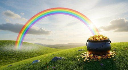 Pot of gold coins on green meadow with rainbow, 3d renderの素材