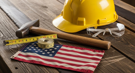 American Flag, Construction Helmet, Hammer and Measuring Tape on Wooden Backgroundの素材
