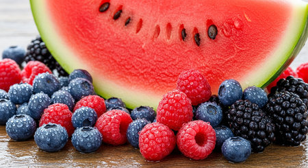 Watermelon with raspberries and blueberries on a wooden tableの素材