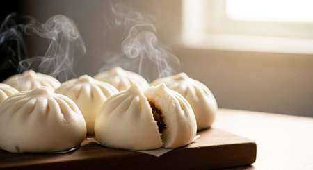 Steamed dumplings on wooden board with smoke, close upの素材