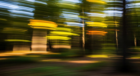 Abstract motion blur effect. Blurred image of a forest in motion.の素材