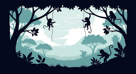 Silhouette of monkey in the jungle background. Vector illustration.の素材