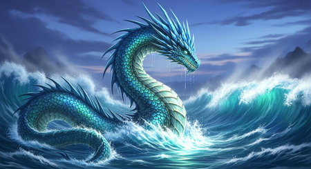 3D rendering of a blue dragon in the sea with waves at sunsetの素材