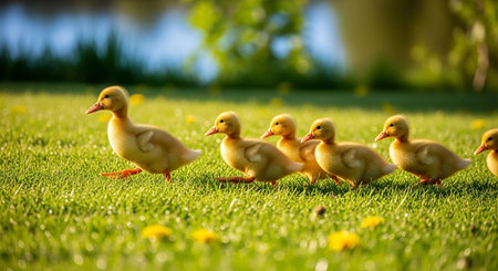 Little yellow ducklings on green grass in the garden. Spring timeの素材