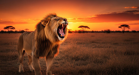 Lion in the savannah at sunset. Africa. Kenya.の素材