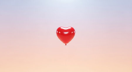 Red heart shaped balloon flying in the sky. Valentine's day backgroundの素材
