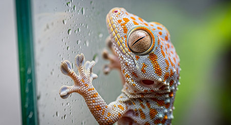 close up of a chameleon on a glass with rain dropsの素材