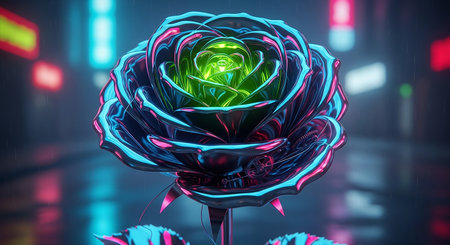 3d illustration of a rose with neon lights in the background.の素材
