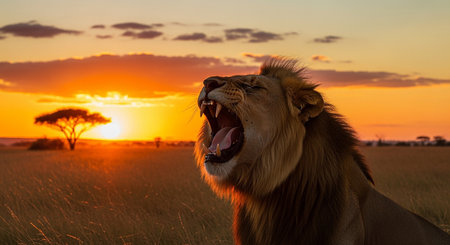 Lion yawning in Maasai Mara National Park, Kenyaの素材