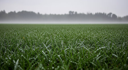 Foggy morning in the field with grass and dew dropsの素材
