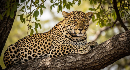 Leopard lying on a tree in the Moremi Game Reserve (Okavango River Delta), National Park, Botswanaの素材