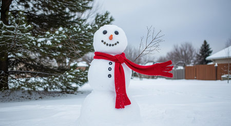 Snowman with red scarf and gloves standing in the snow in winterの素材