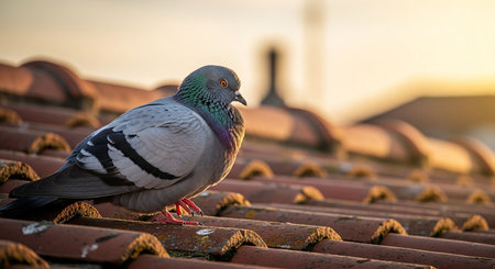 Pigeon on the roof of the house in the rays of the setting sunの素材