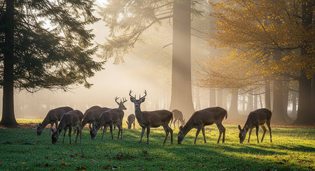 Deer in the morning fog in the forest. Autumn season.の素材