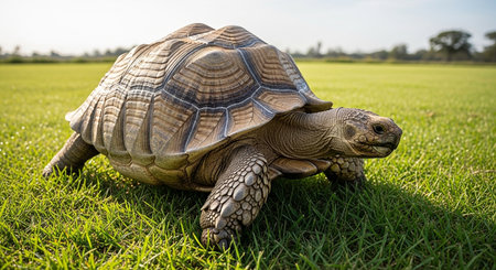 African spurred tortoise (Geochelone sulcata) on grassの素材