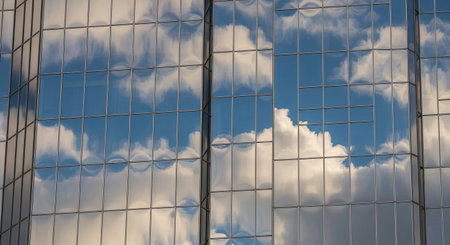 Reflection of blue sky and clouds in glass windows of office buildingの素材