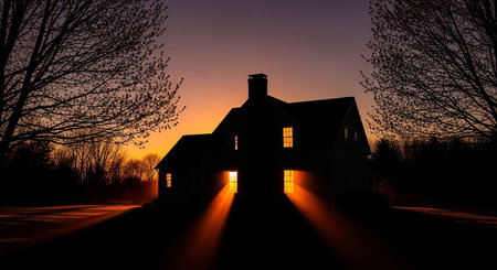 Abandoned house in the middle of the road at sunset.の素材
