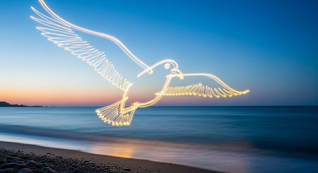 Seagull flying over the sea at sunset. Concept of peace and loveの素材