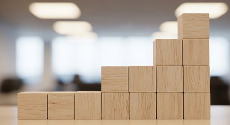 Wooden blocks stacking as step stair in office, business growth conceptの素材