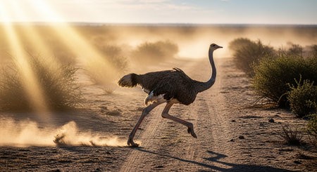 Ostrich running in the desert at sunset, Namibia.の素材