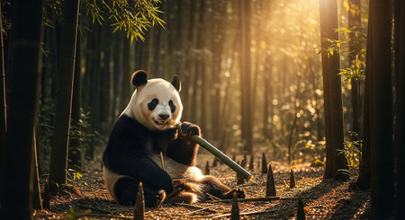 Giant panda bear eating bamboo in the bamboo forest at sunsetの素材