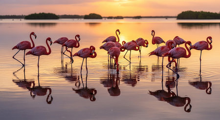 Group of pink flamingos in the lagoon at sunset, Camargue, Franceの素材
