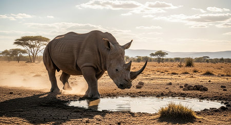 White Rhinoceros at a waterhole in Etosha National Park, Namibiaの素材