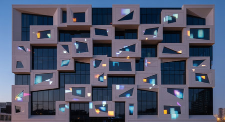 3D render of a modern building with colorful lights in the eveningの素材