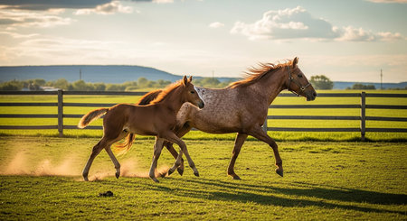 Two horses running on green meadow in sunny day, Holland, Netherlandsの素材
