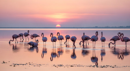Pink flamingos at sunset in the Camargue, France.の素材