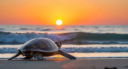 Turtle on the beach at sunrise. Beautiful landscape with sea and sunset.の素材