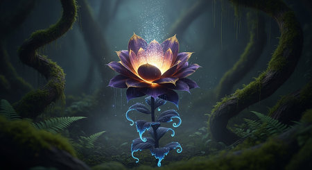 Lotus flower glowing in the dark forest. Fantasy landscape. 3D renderingの素材