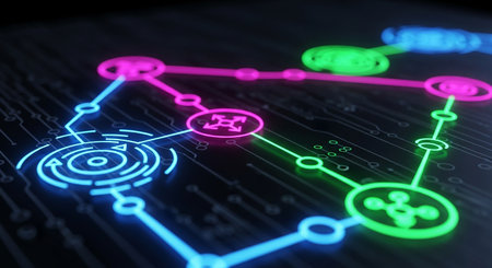 3D rendering of network concept with glowing neon lights on dark backgroundの素材