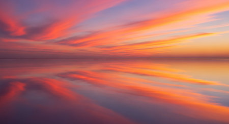 Beautiful sunset over the sea. Beautiful sky with clouds reflected in water.の素材