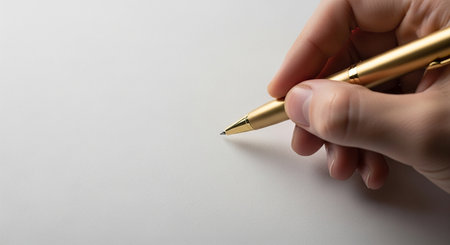 Hand holding a gold pen on a white background with copy space.の素材