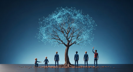 Global connection concept with 3d rendering people around tree and blue backgroundの素材