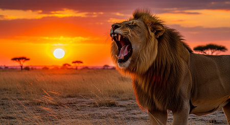 Lion at sunset in Serengeti National Park, Tanzaniaの素材