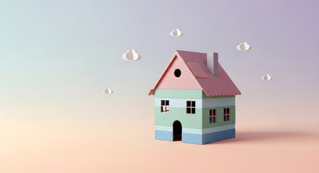 House in the sky with clouds. 3d rendering, 3d illustration.の素材