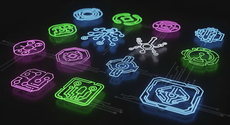 3D rendering of futuristic circuit board with glowing icons on dark backgroundの素材