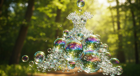Soap bubbles in the form of a Christmas tree in the forestの素材