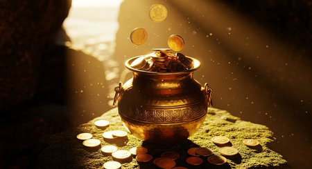 Golden pot with gold coins on green grass and sunlight. Concept of saving moneyの素材