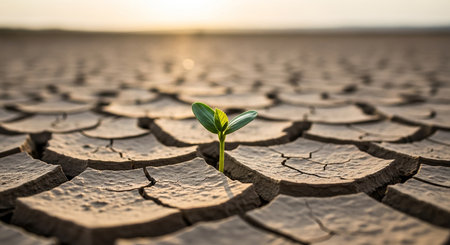 Green seedling growing on cracked earth. Concept of climate change.の素材