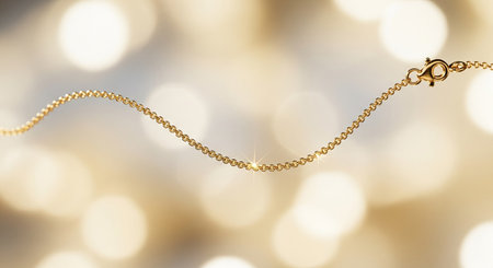 Gold chain necklace on bokeh background. 3d illustration.の素材